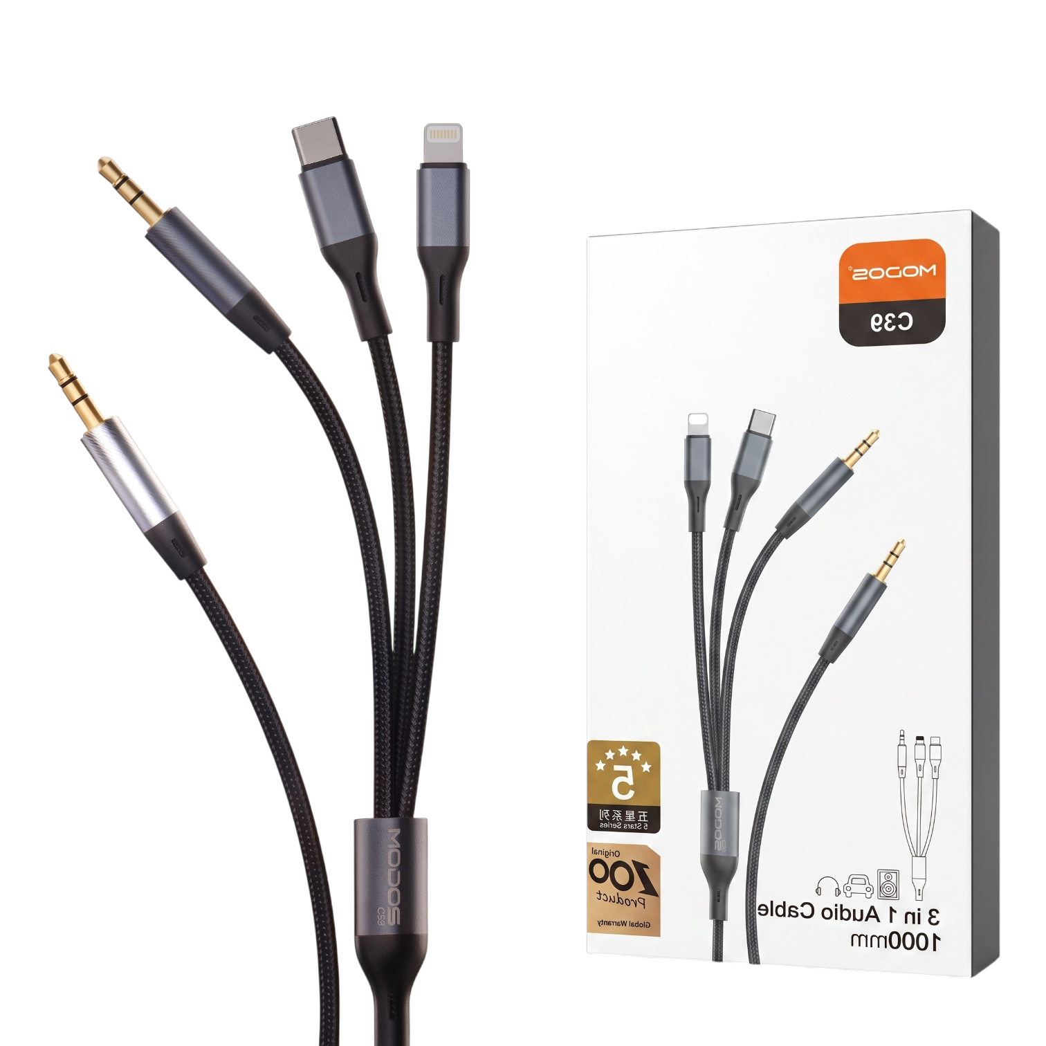 کابل تبدیل AUX به جک3.5+لایتنینگ+تایپ سی مودوس مدل c39 طول 1 متر