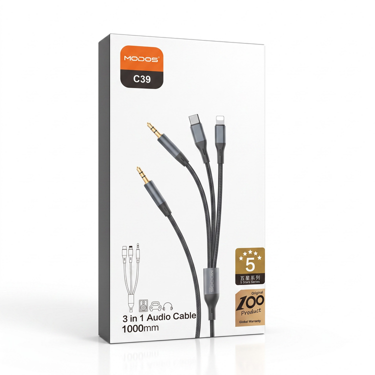 کابل تبدیل AUX به جک3.5+لایتنینگ+تایپ سی مودوس مدل c39 طول 1 متر